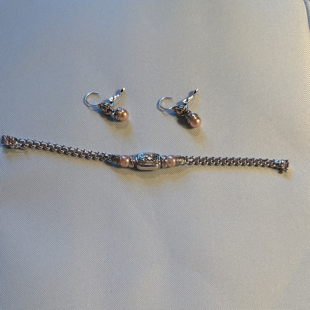 Silver and Cultured  Pink pearl Bracelet with earrings.  Touch of gold accents